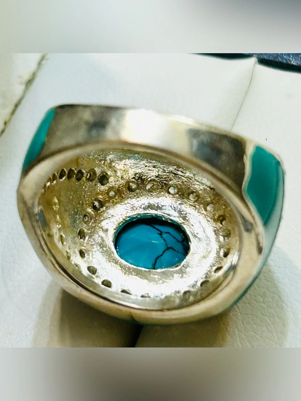 Light blue Enamel Inlay with Faux turquoise and CZ   Silver Women Ring